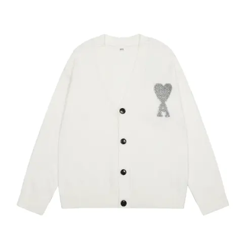 AMI Paris White Cardigan with Sequin Heart Patch