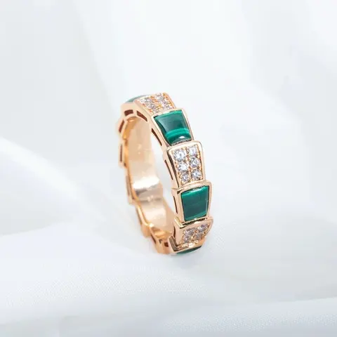 Rose Gold Ring with Green Malachite and Diamond Accents
