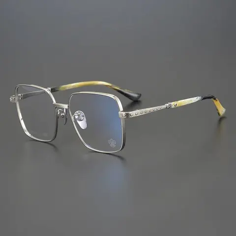 Square Metal Frame Eyeglasses with Horn-Tip Temples