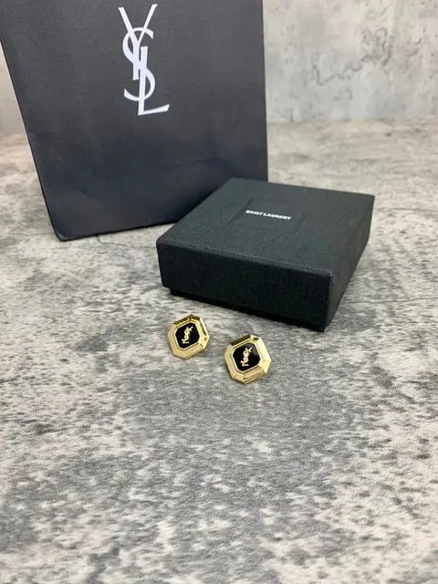 Saint Laurent Gold Cufflinks with Black Logo Inlay