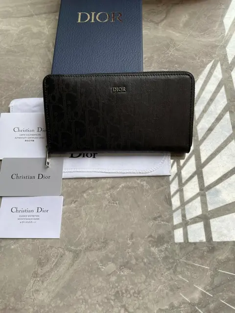 Dior Black Oblique Print Zip Around Wallet