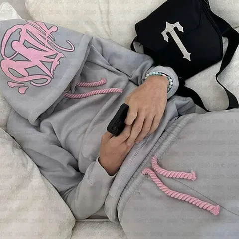 Gray and Pink Monogram Hoodie Set with Matching Drawstring Pants