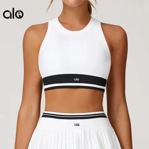 alo Yoga White Striped Crop Top and Skirt Set