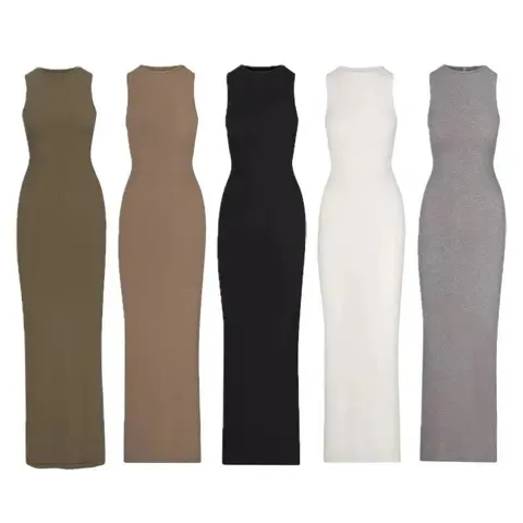 Sleeveless French-style puff sleeve tank dress, slim-fit halter maxi dress