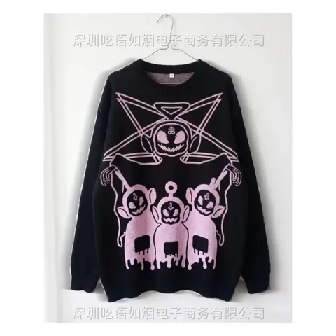 Black Knit Sweater with Pink Gothic Demon and Bat Design