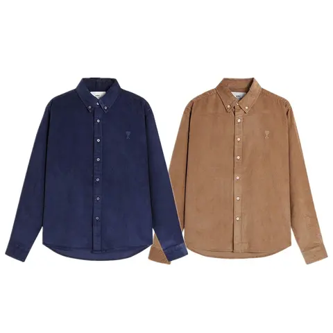 AMI Paris Corduroy Button-Down Shirts - Navy and Tan