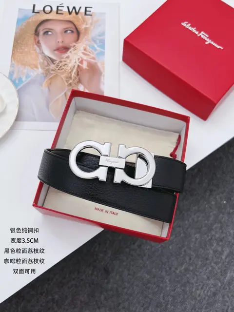 Salvatore Ferragamo Double Gancini Belt in Black and Coffee Grain Leather