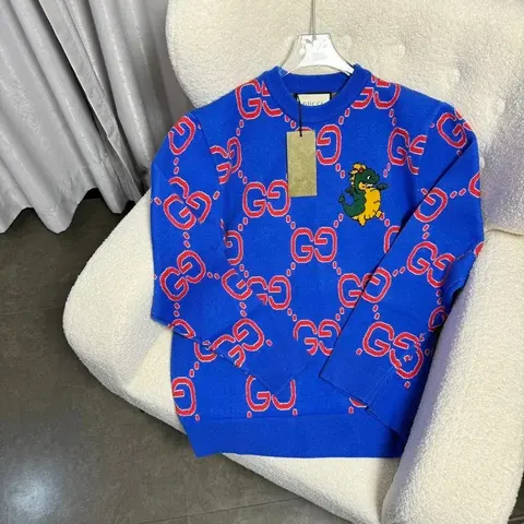 Gucci Blue GG Pattern Sweater with Dragon Patch