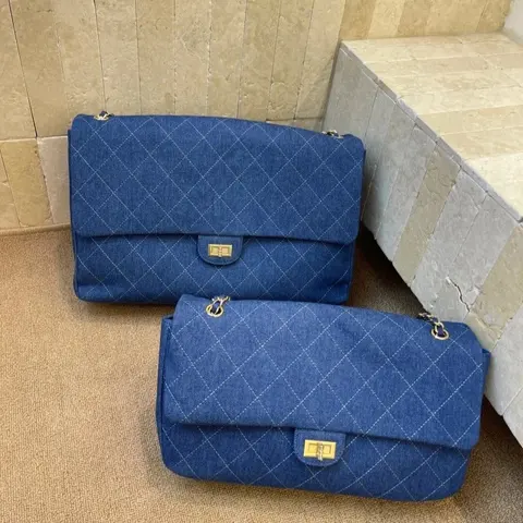 Blue Quilted Denim Handbags with Gold Hardware