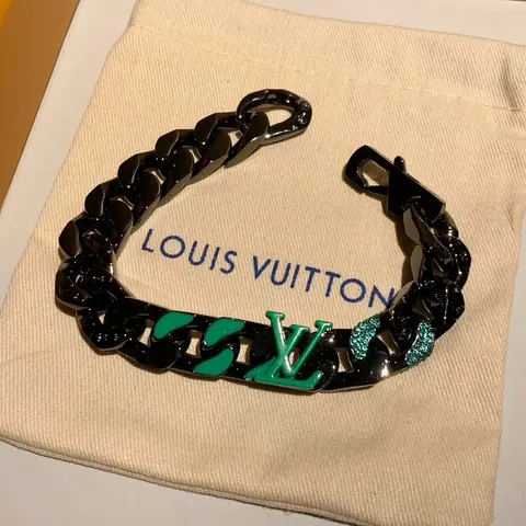 Louis Vuitton Black Chain Bracelet with Green LV Logo and Crystal Accents