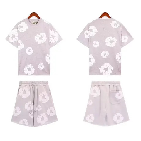 Gray Floral Print Matching T-Shirt and Shorts Set