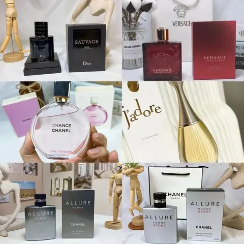 Luxury Perfume Collection: Dior Sauvage, Versace Eros Flame, Chanel Chance, J'adore, and Allure Homme Sport