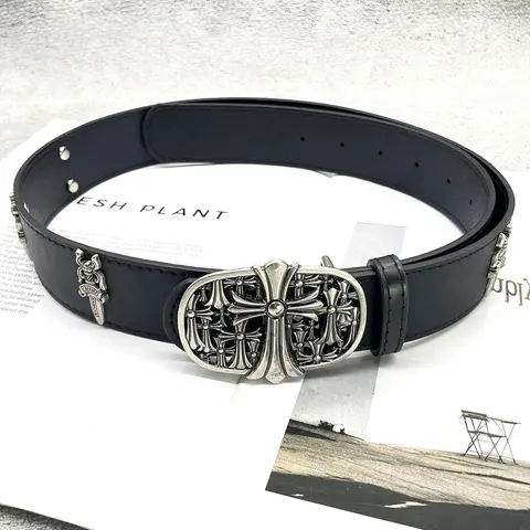 Black Leather Belt with Ornate Silver Cross Buckle