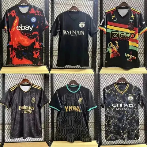 Collection of Designer Football jerseys featuring Napoli, Barcelona, Ajax, Real Madrid, Liverpool, and Manchester City