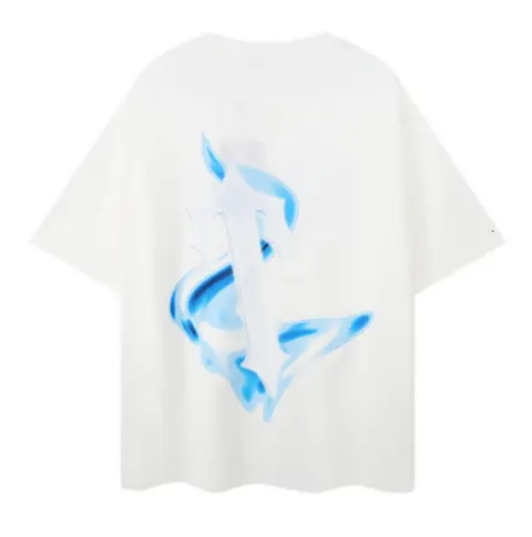 White T-Shirt with Blue Flame Anchor Print