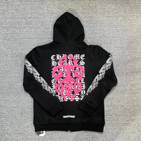 Chrome Hearts Black Hoodie with Pink and White Embroidery