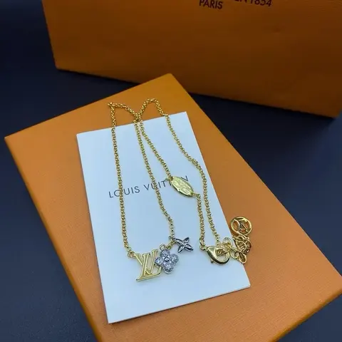 Louis Vuitton Gold Chain Necklace with LV and Flower Charms