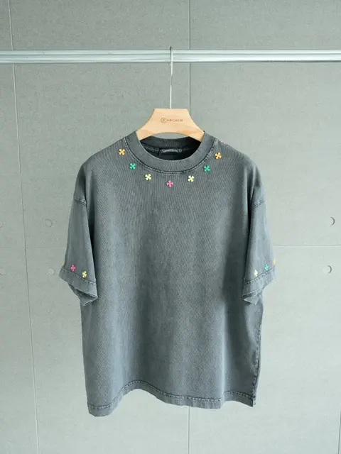 Gray Embroidered Flower T-Shirt