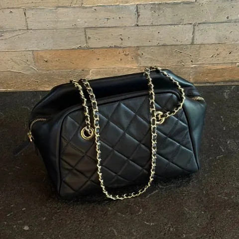 Black Quilted Leather Shoulder Bag with Gold Chain Strap
