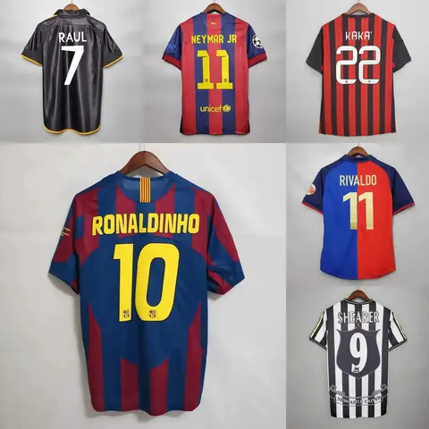 Vintage Football jerseys collection featuring Raul, Neymar Jr, Kaka, Ronaldinho, Rivaldo, and Shearer