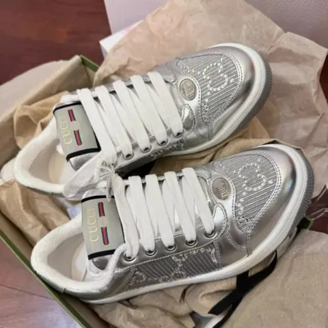 Gucci Silver Leather Sneakers with White Laces
