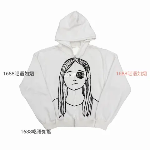 White Zip-Up Hoodie with Black Line Art Girl Design