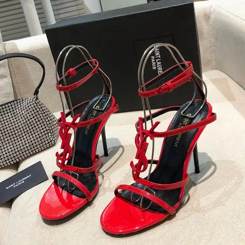 Saint Laurent Paris Red Patent Leather Strappy Heels