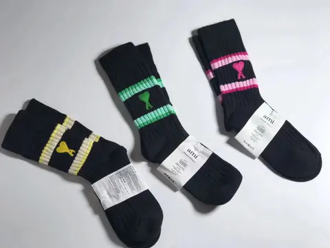 AMI Black Socks with Colorful Embroidered Heart and Stripes
