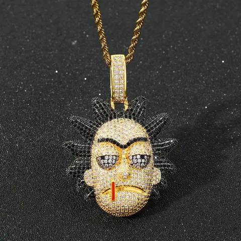 Gold Diamond-Encrusted Face Pendant Necklace