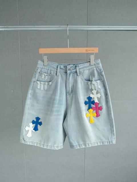 Light Blue Denim Shorts with Colorful Cross Patches