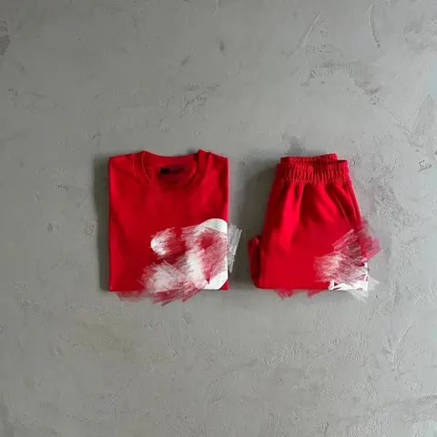 Red T-Shirt and Shorts Set with Abstract White Print