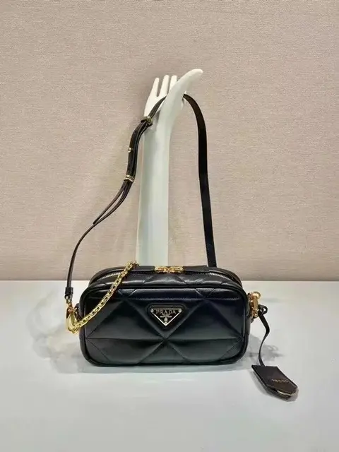 Prada Quilted Black Leather Crossbody Bag with Gold Chain