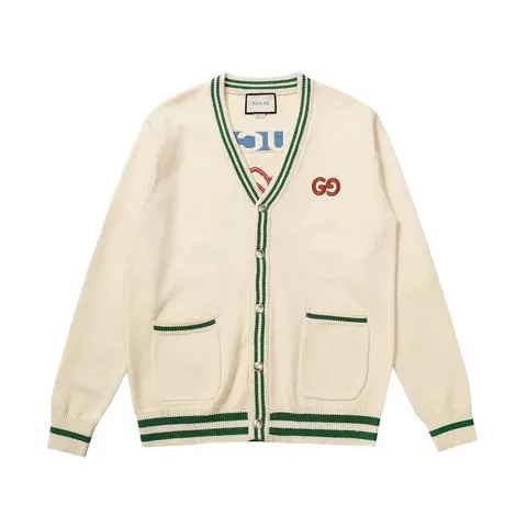 Gucci Cream Knit Cardigan with Green Trim and Red GG Logo