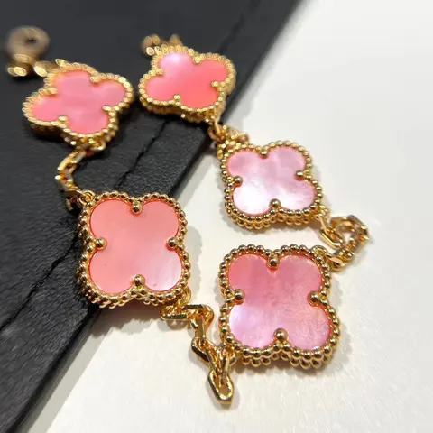 Pink Quatrefoil Drop Earrings with Gold Tone Beaded Edges