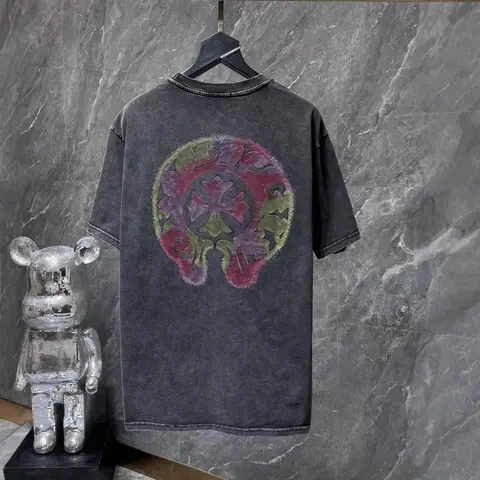 Distressed Gray T-Shirt with Circular Floral Graphic