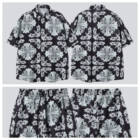 CHOICE HEARTS Black and White Floral Print Short Sleeve Shirt and Shorts Set