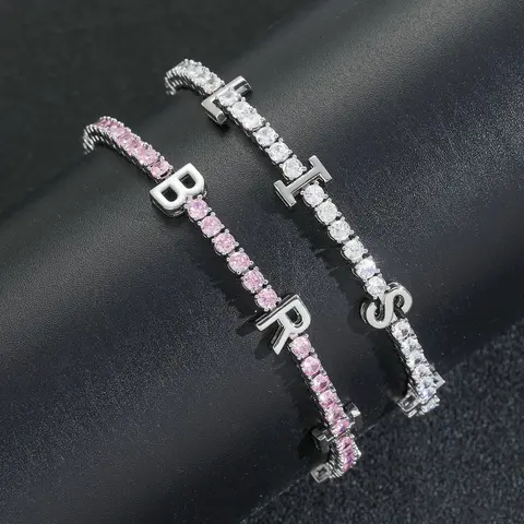 B and S Initial Bracelets with Pink and Clear CZ Stones