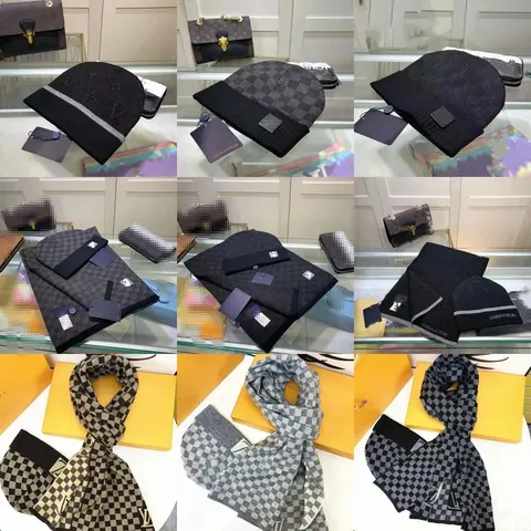 Louis Vuitton Damier Checkered Beanie and Scarf Set