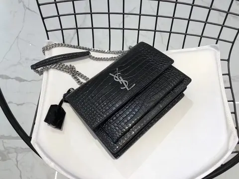 Saint Laurent Black Croc-Embossed Chain Shoulder Bag
