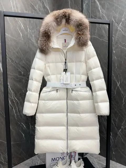 Moncler White Long Puffer Coat with Fur Hood