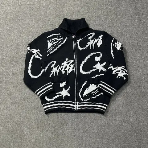 Black and White Knit Zip-Up Sweater Jacket with Graphic Pattern