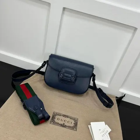 Gucci Navy Blue Leather Crossbody Bag with Web Strap