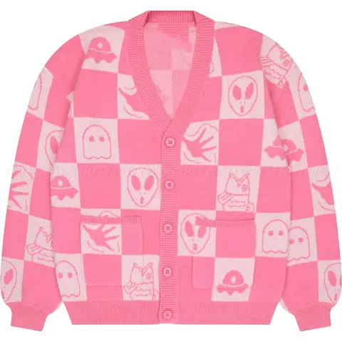 Pink Checkerboard Alien and Ghost Pattern Cardigan