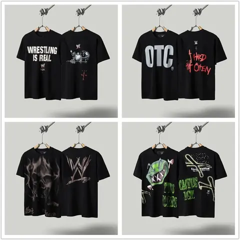 WWE T-Shirt Collection Featuring Wrestling Is Real, OTC, Skull Design, and Cactus Jack Themes