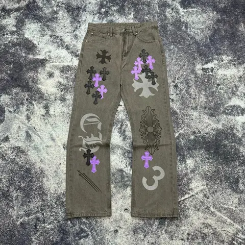 Gray Embroidered Cross Jeans with Purple and Black Patches