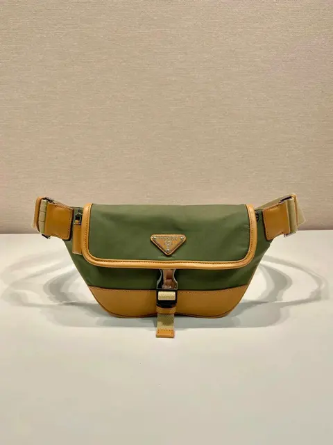 Prada Green and Tan Nylon and Leather Belt Bag