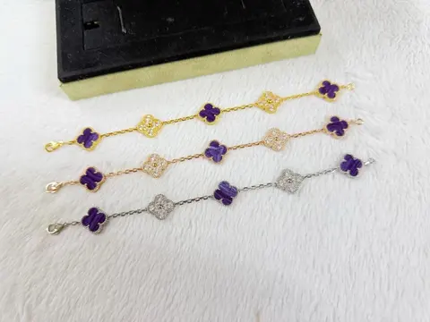 Three-Tone Purple Clover Chain Bracelets with Crystal Accents