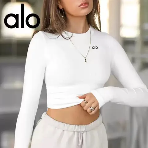 alo White Long Sleeve Crop Top