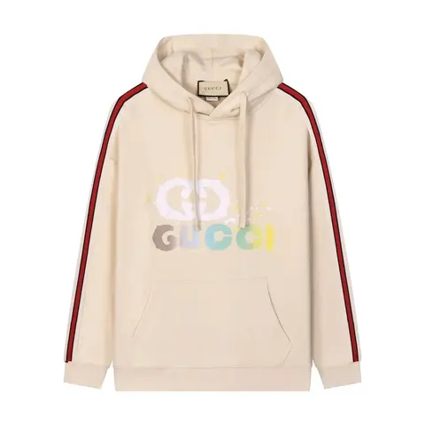Gucci Cream Hoodie with Rainbow Logo and Red Stripes