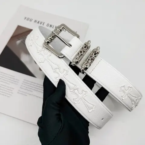White Embossed Cross Belt with Silver Buckle